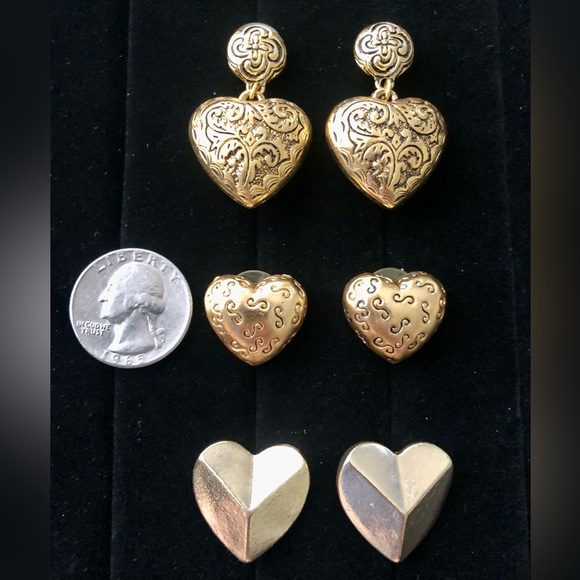 Vintage gold tone heart earring lot- 3 pairs stud etched design, AVON drop style - Picture 2 of 11